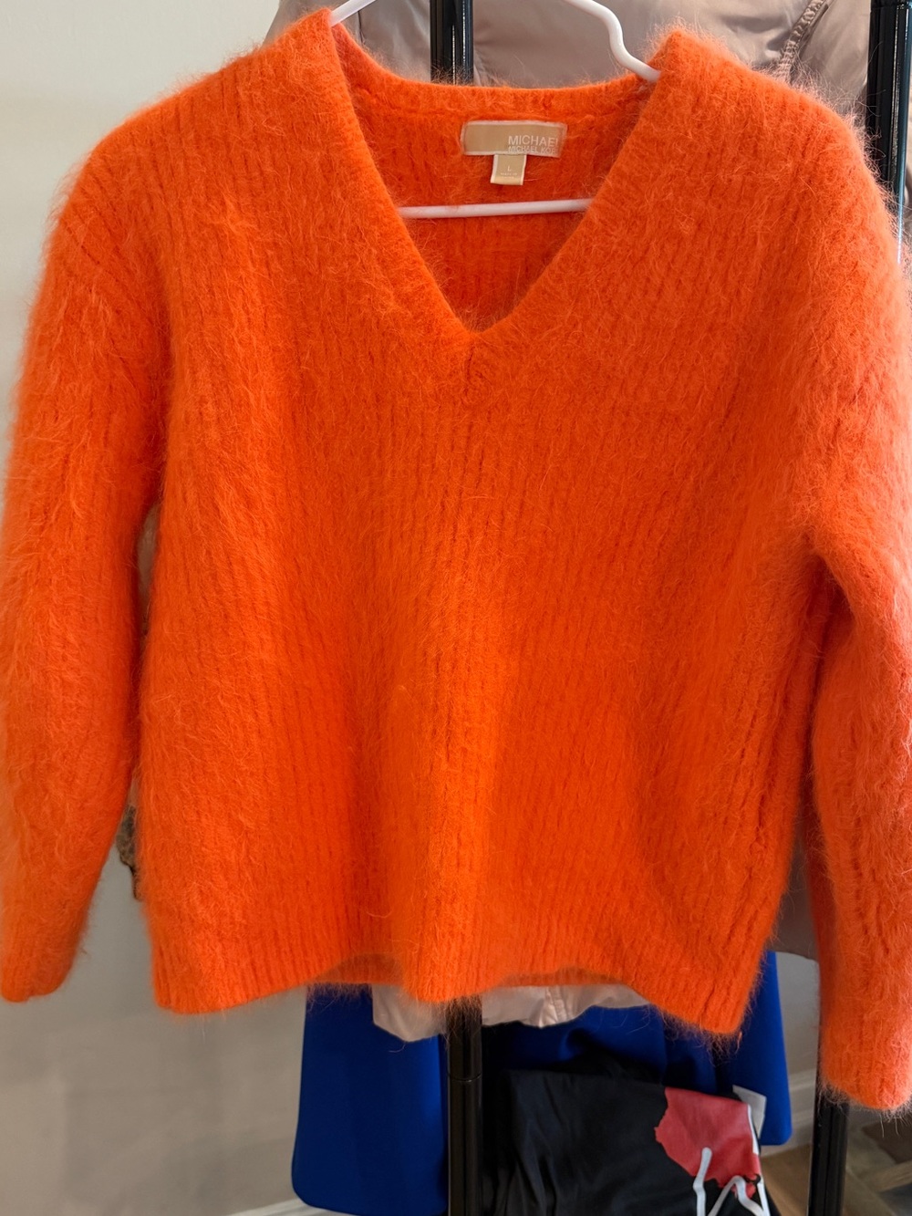 Angora Sweater Michael Kors Bright Orange Fuzzy V-Neck Sweater